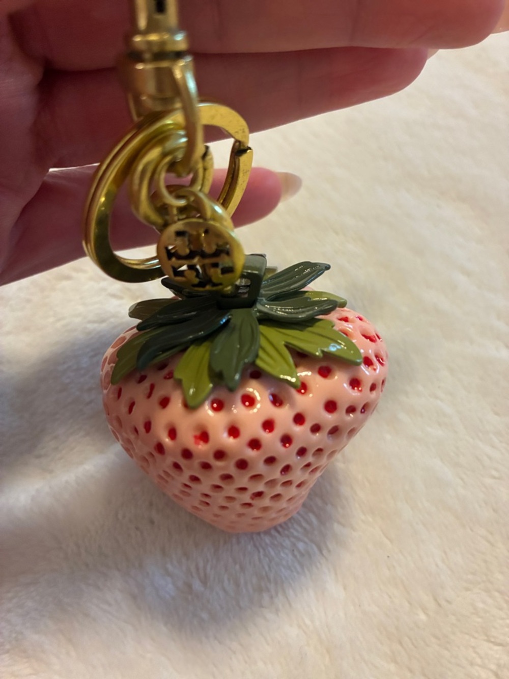 Tory Burch Pink Strawberry Charm Keyring with Gold Hardware - Picture 2 of 7